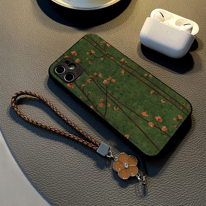 适用小米红米note13 12pro 11t/11e/10手机壳硅胶7创意note11 pro皮纹全包防摔保护套女挂绳新款绿底粉色花枝