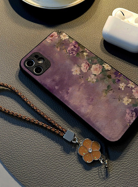 适用小米红米note13 12pro 11t/11/10手机壳硅胶创意note14 pro皮纹全包防摔软保护套女挂绳新款紫色油画花朵