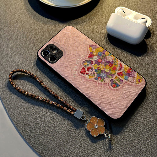 适用苹果iPhone17手机壳14plus/16Pro/Max/15/13女12硅胶Air创意皮纹全包防摔保护套挂绳潮新款花朵粉色猫咪