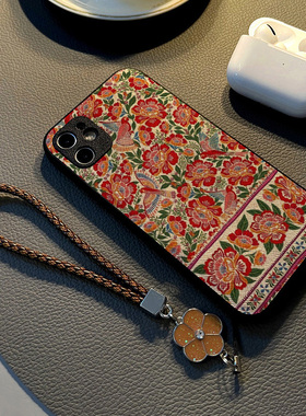 适用oppofind x9 Pro x8 x7 x6 x5 pro/Find X8Ultra手机壳硅胶创意皮纹全包防摔保护套挂绳新款红色花开富贵