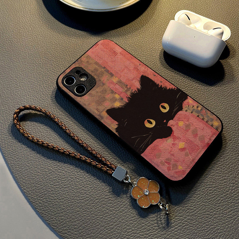 适用华为nova 13 12 pro/nova14 9/7se/6手机壳nova11女10硅胶创意皮革纹防摔软保护套挂绳油画呆萌黑色猫咪