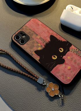 适用华为nova 13 12 pro/nova14 9/7se/6手机壳nova11女15硅胶创意皮革纹防摔软保护套挂绳油画呆萌黑色猫咪