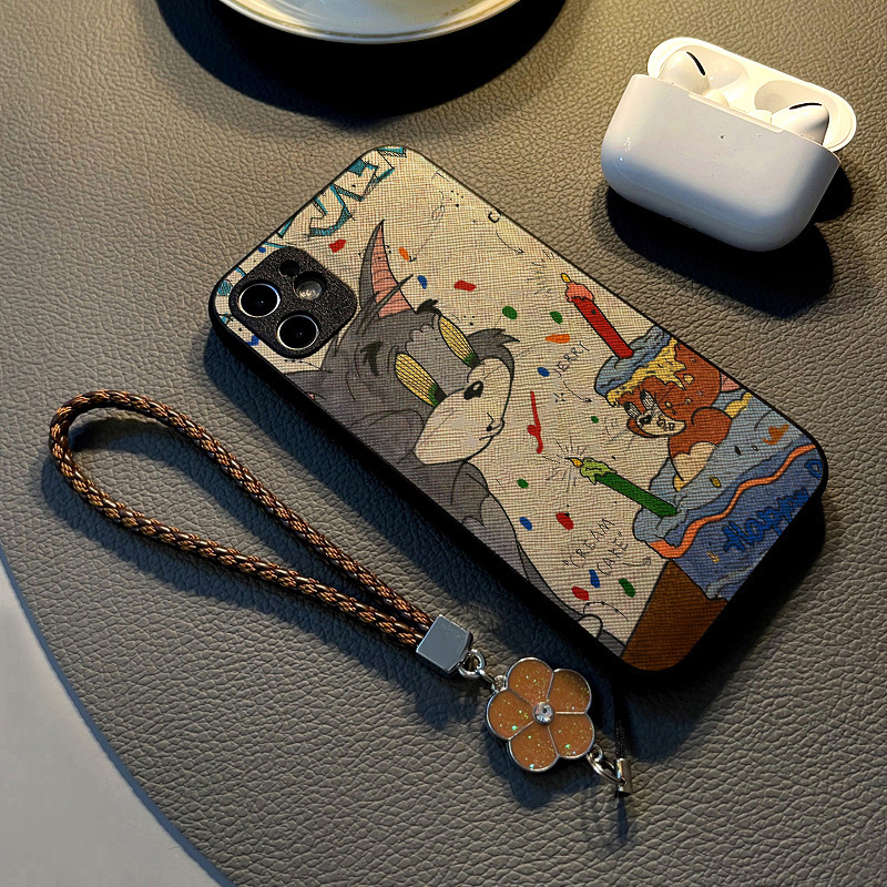 适用华为荣耀100 200 90 70 pro/60女300 400 50手机壳硅胶创意皮革纹全包防摔保护套挂绳新款蛋糕猫咪老鼠