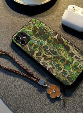 适用小米红米note13 12pro 11t/11e/10手机壳硅胶7创意note11 pro皮纹全包防摔保护套女挂绳新款绿色蟒蛇纹理