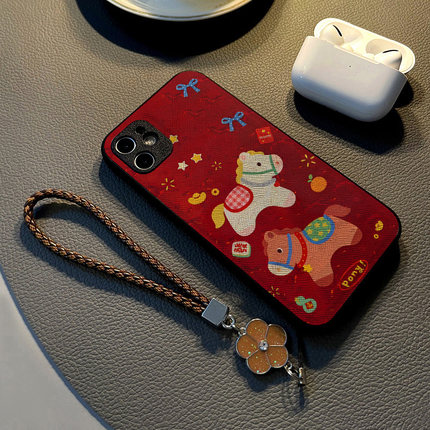 适用opporeno15 13 12 pro 10/7/6pro/9/14手机壳reno11硅胶8创意个性皮纹防摔保护套挂绳潮新款红色元宝小马