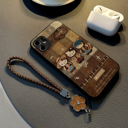 适用opporeno13 12pro 10/7se/6pro/9 5/14手机壳reno15硅胶8创意个性皮纹防摔保护套挂绳潮新款棕色格子猫咪