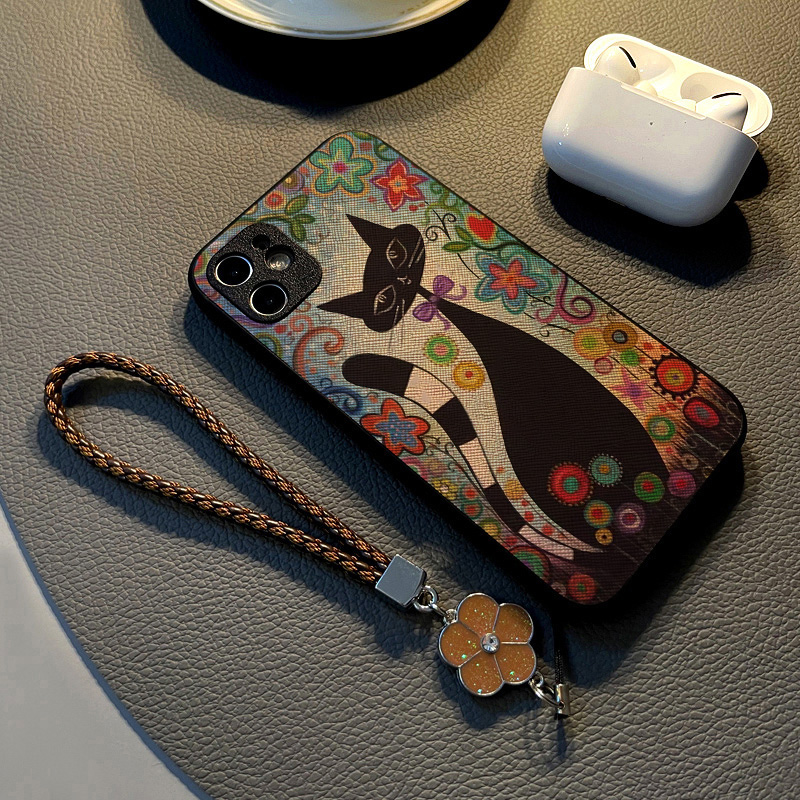 适用华为荣耀100 90 70 pro/60se女30青春50手机壳畅玩20硅胶创意皮革纹全包防摔保护套挂绳新款涂鸦黑猫花朵