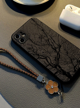 适用小米红米note13 12pro 11t/11/10手机壳硅胶创意note14 pro皮纹全包防摔软保护套女挂绳新款黑色树枝墨画