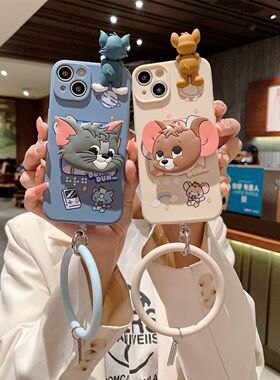 适用于苹果6s手机壳女新款iphone6splus猫和老鼠6p肥宅水汤姆猫7p带手环i8p杰瑞鼠se3镜子支架xs防摔xr保护套