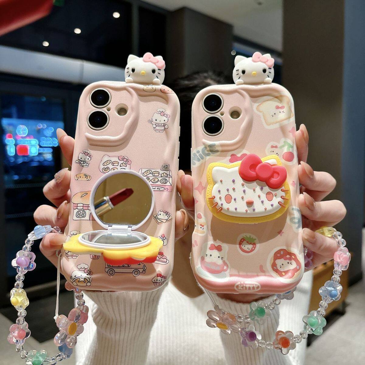 夏日花朵手链kt猫适用苹果5 5s 6s手机壳se女新款iPhone7 8 6plus甜品凯蒂猫6splus全包7plus镜子支架8plus套