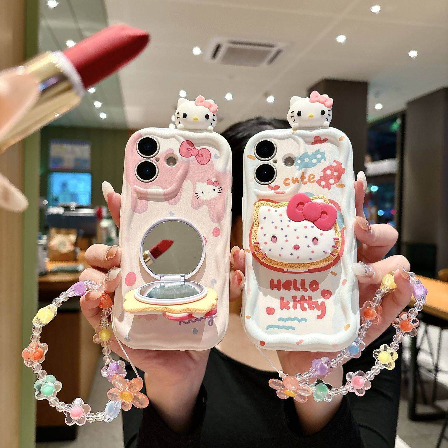 小红书同款甜甜圈KT猫适用苹果7手机壳se3女新款iphone6镜子支架IP8全包6s花朵手链6splus卡通6p 7p 8p保护套