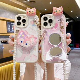 适用于苹果15promax手机壳少女新款se3卡通玲娜贝儿iPhone15带镜子支架15plus斜挎背带6sp全包防摔7p软保护套