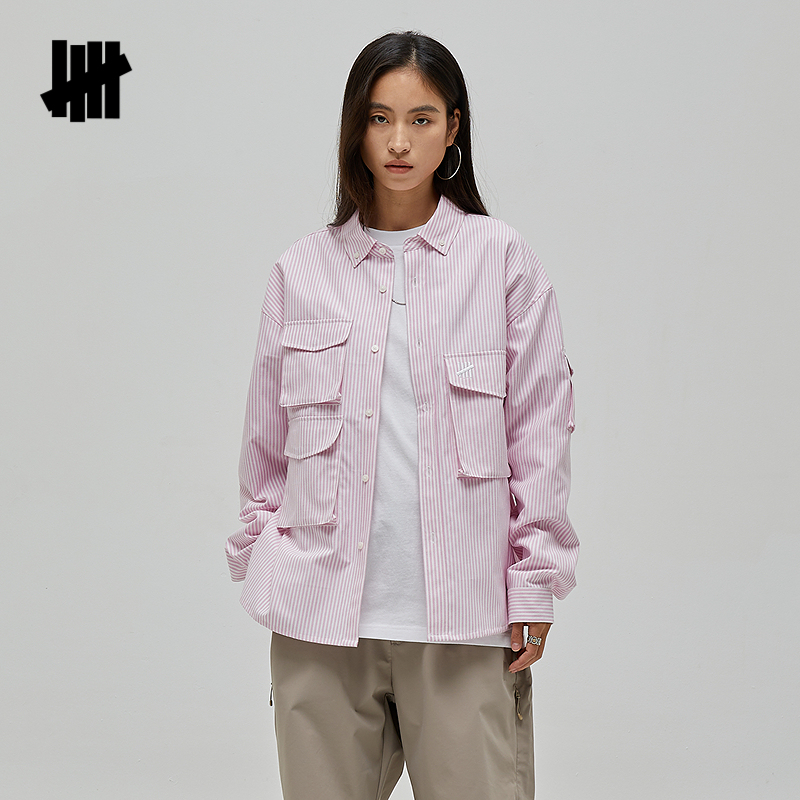 UNDEFEATED五条杠官方春季新品多口袋宽松工装条纹长袖衬衫