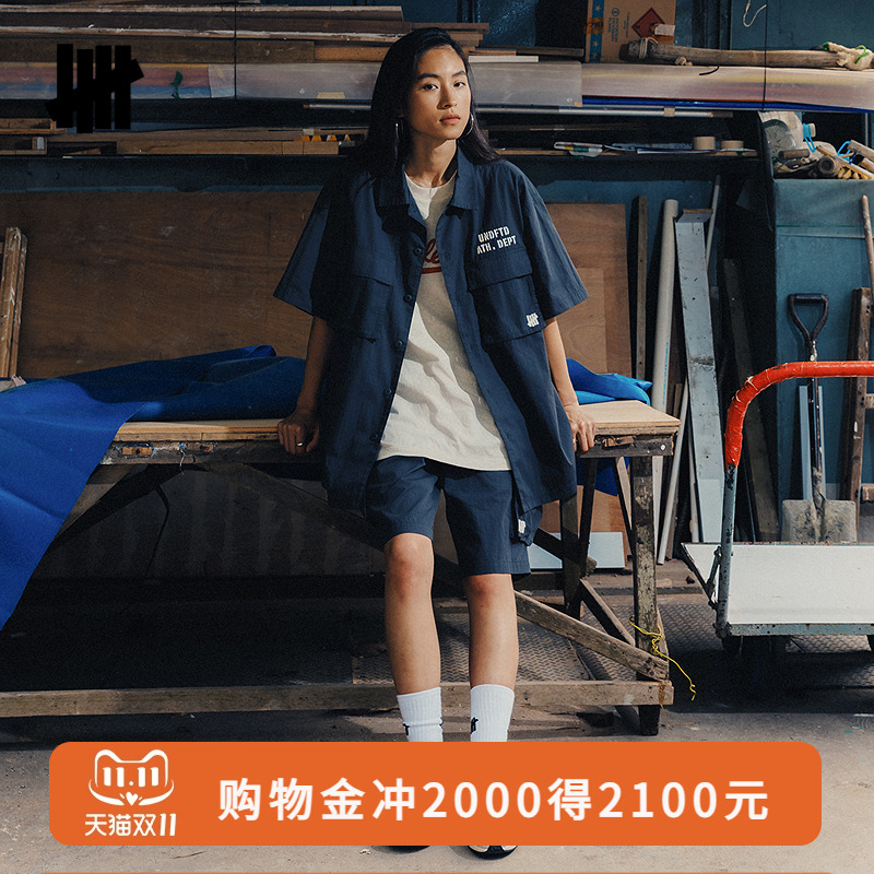 五条杠美式街头工装短袖衬衫