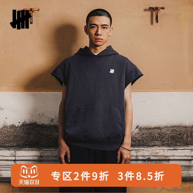 五条杠连帽针织无袖卫衣背心