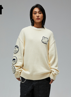 UNDEFEATED五条杠官方冬季新品棒球主题徽章贴布绣圆领毛衣