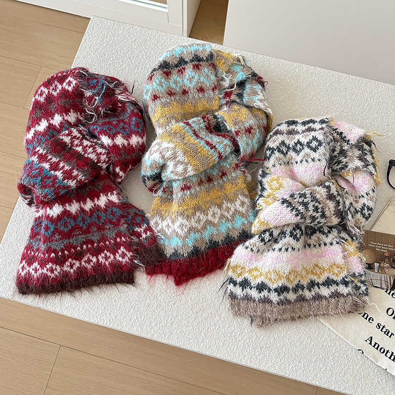 费尔岛针织羊毛混纺围巾马海毛女秋冬季加厚保暖韩系复古毛线围脖