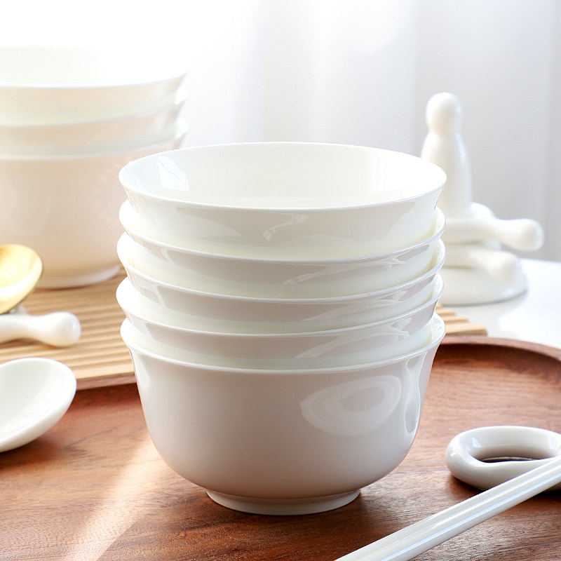 纯白色骨瓷小碗陶瓷吃饭家用简约餐具套装防烫高脚10个米饭碗轻奢