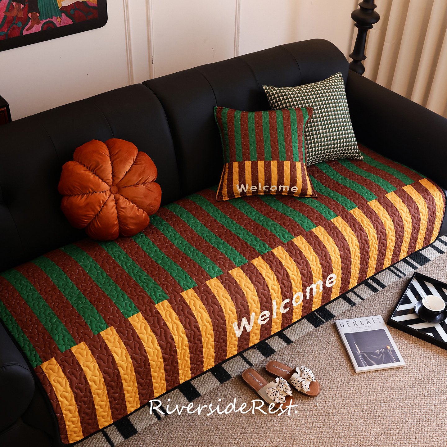 复古包豪斯条纹四季款布艺沙发垫