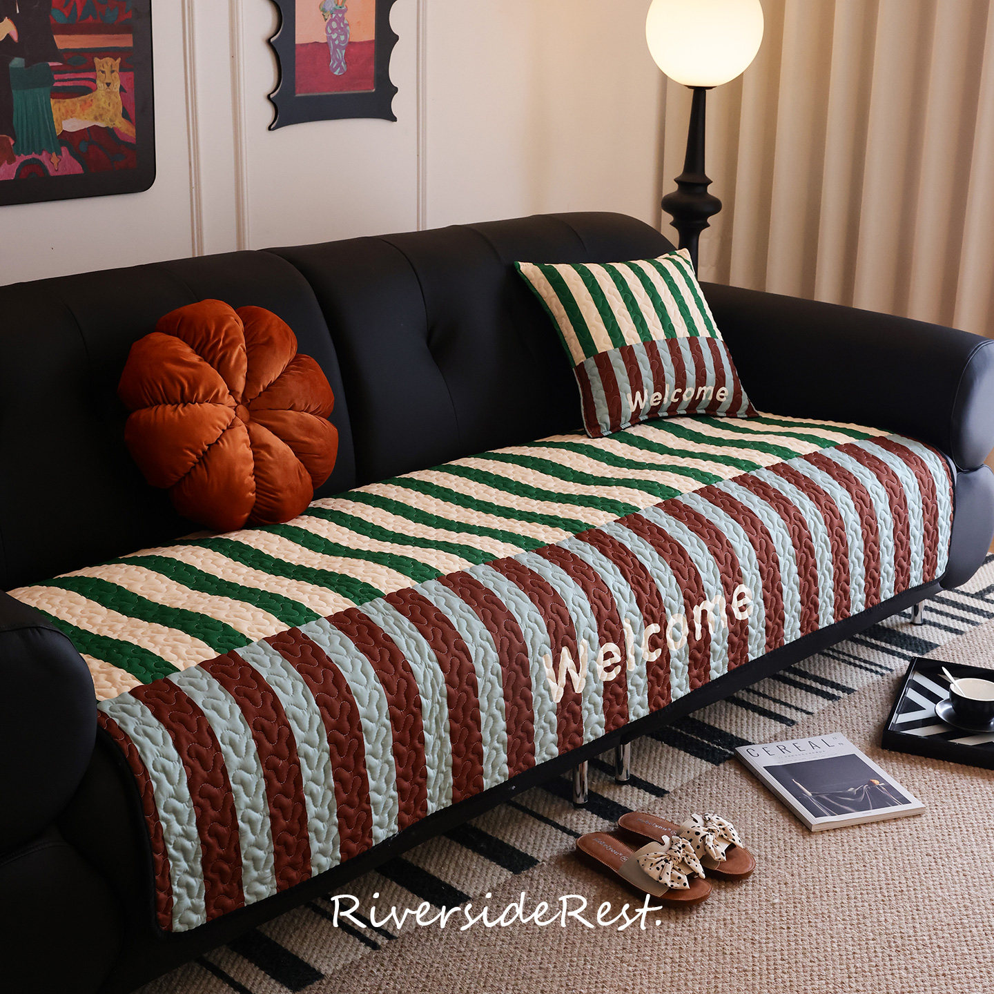 枕西湖中古风轻奢条纹沙发垫四季通用高级感皮沙发防滑坐垫盖布巾,居家布艺,沙发垫,淘宝优惠券,粉丝福利购,淘宝优惠卷