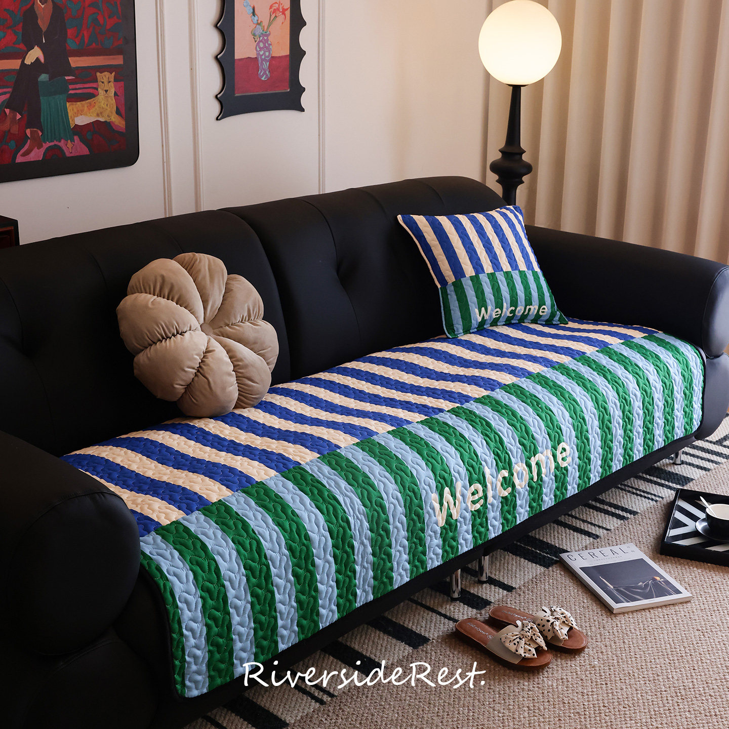 枕西湖百搭条纹中古风沙发垫四季防滑加厚轻奢高级感真皮沙发套罩,居家布艺,沙发垫,淘宝优惠券,粉丝福利购,淘宝优惠卷