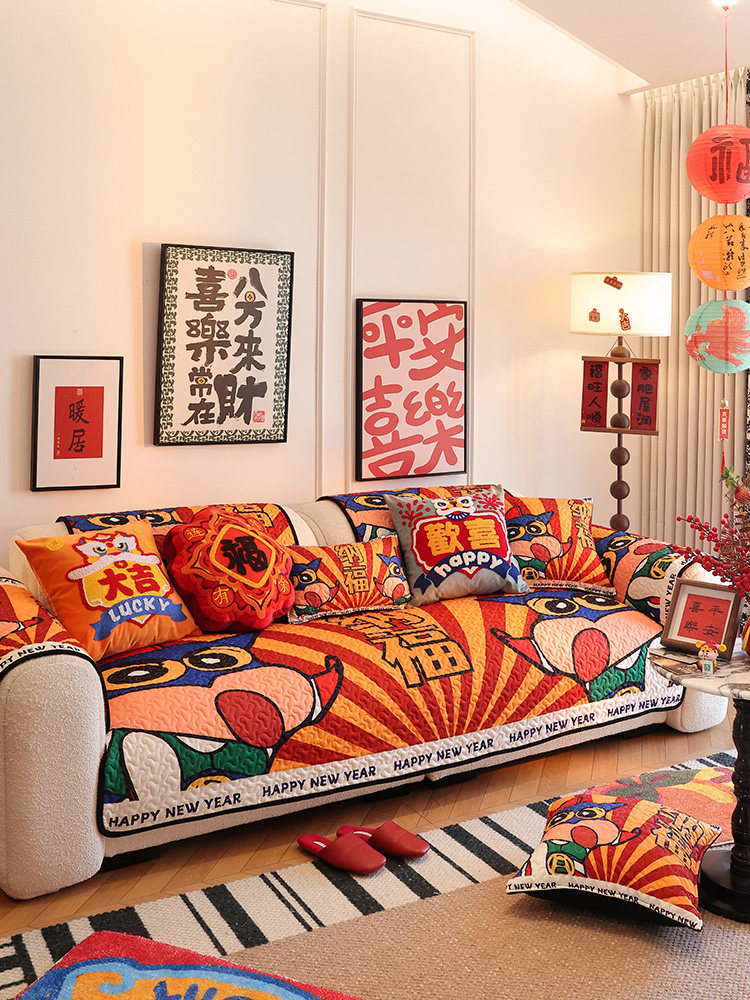 枕西湖蜡笔小新沙发垫过年四季防滑喜庆坐垫卡通多巴胺布艺盖巾套,居家布艺,沙发垫,淘宝优惠券,粉丝福利购,淘宝优惠卷