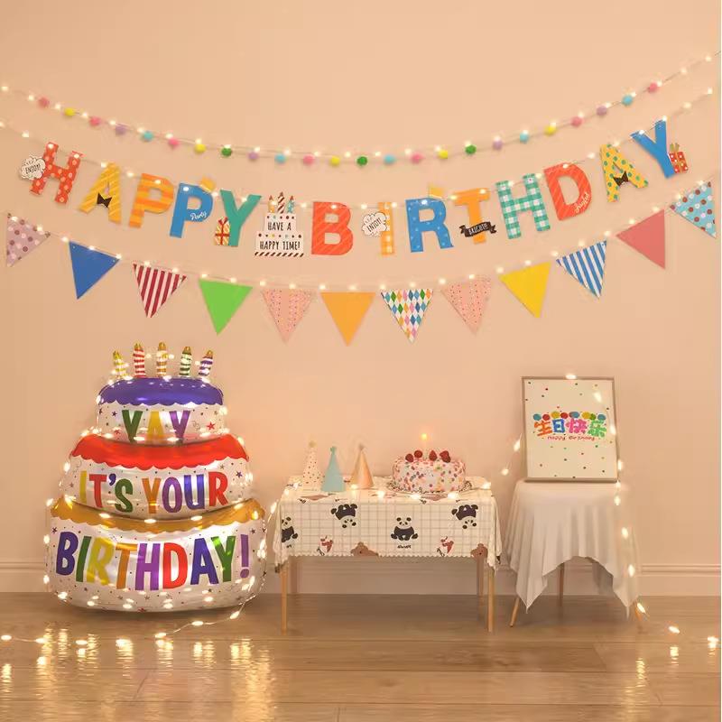 网红生日拉旗蛋糕气球小灯带套装