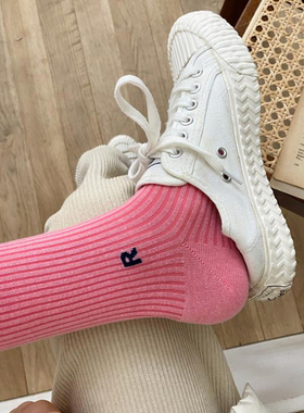 长袜子女纯棉字母粉色竖条纹纯色中筒袜运动原宿街拍潮堆堆袜春夏