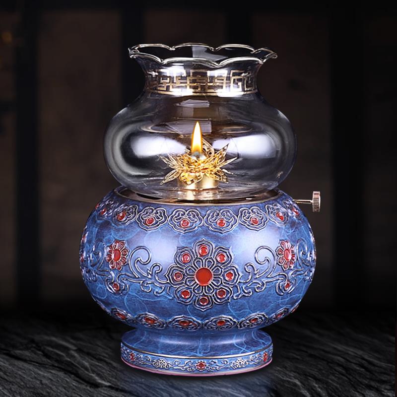 珐琅彩色经典黄油液体灯座纯铜灯佛灯永恒灯家用调光防风佛油灯