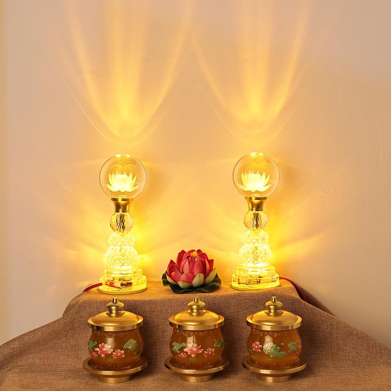 佛供灯七彩长明灯荷花灯LED玻璃莲花灯莲花观音佛灯插电家用禅