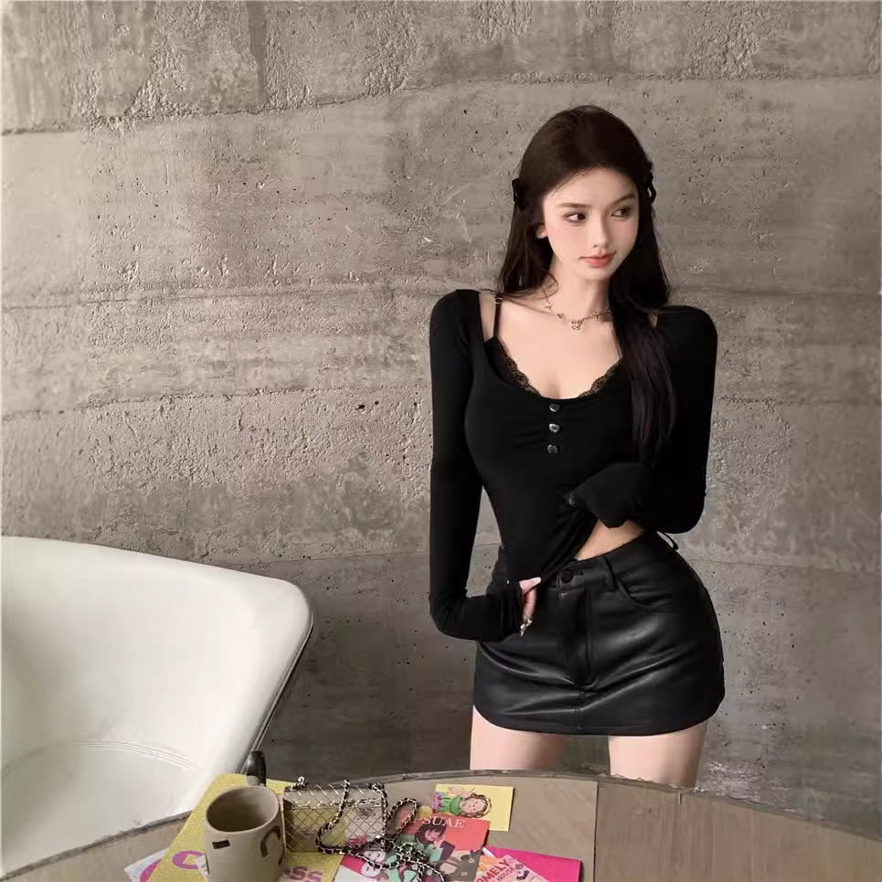 t恤女韩版蕾丝低领纯欲内搭打底衫春款修身显瘦纯色短款辣妹上衣