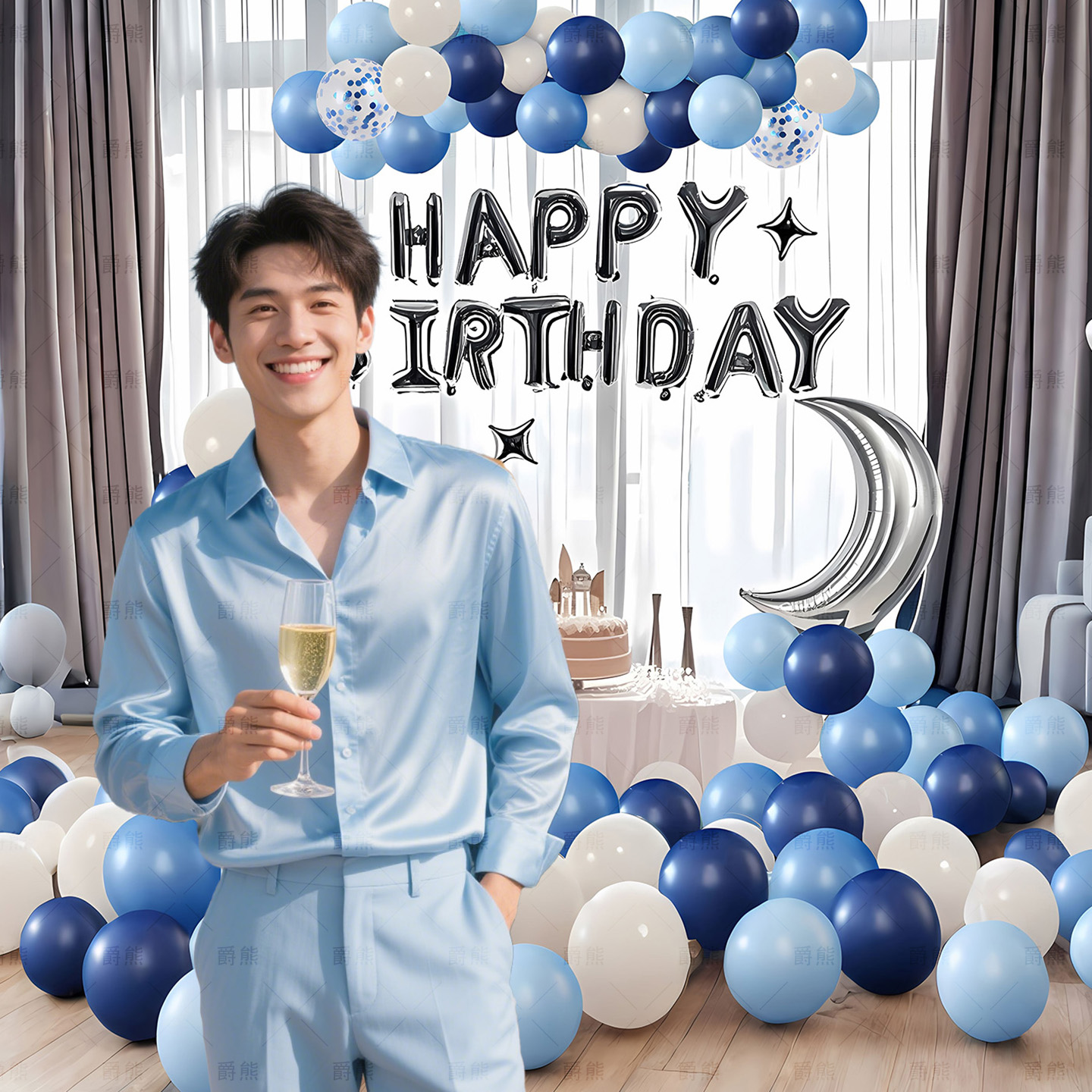 爵熊蓝色生日布置气球男孩女孩