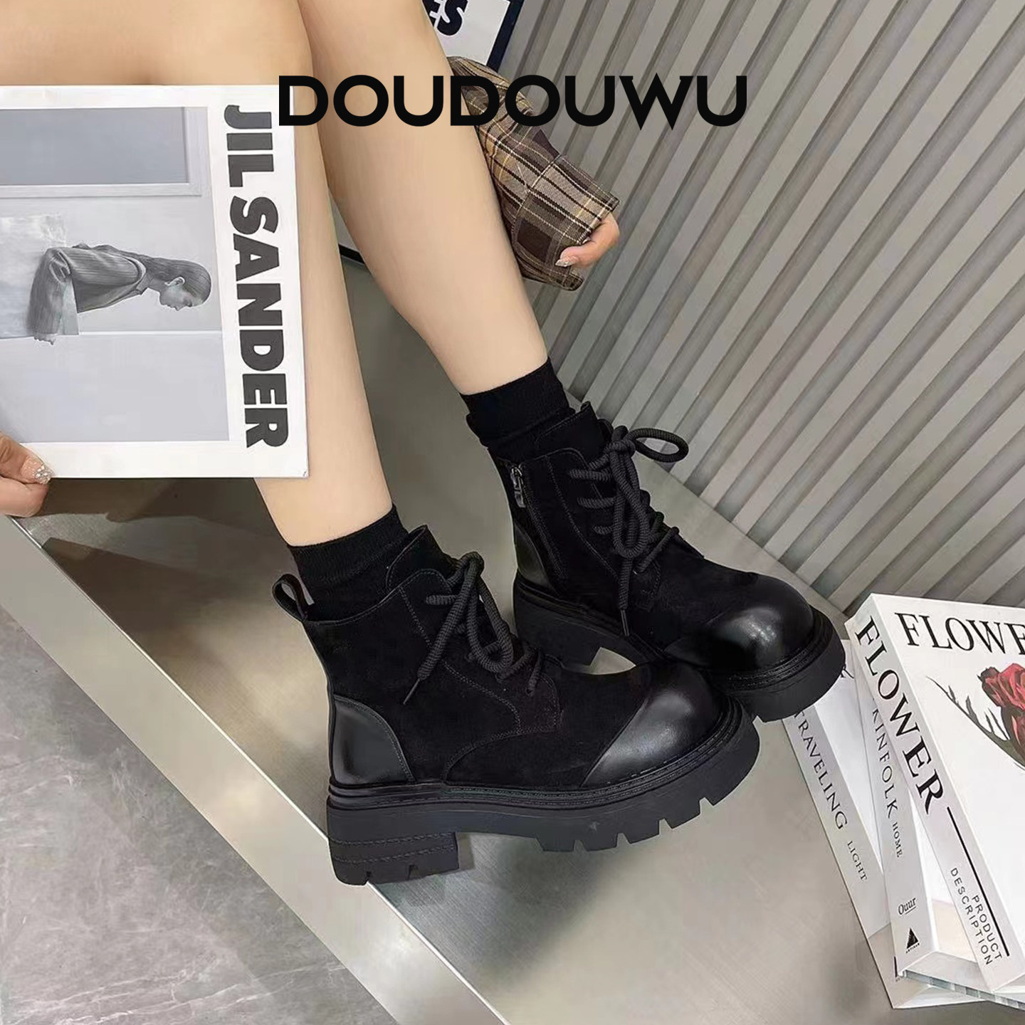 豆豆屋厚底马丁靴女鞋加绒2025新款韩版潮英伦系带百搭保暖短筒靴,女鞋,马丁靴,淘宝优惠券,粉丝福利购,淘宝优惠卷