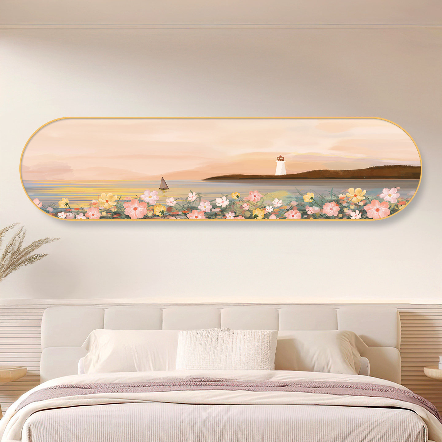 繁花似锦床头画 画主卧轻奢风卧室装饰画 画椭圆田园风格挂画 画
