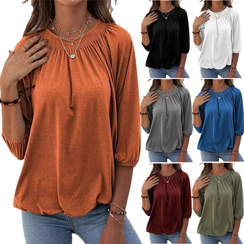 2022 summer new solid color loose round neck T-shirt women 女装/女士精品 T恤 原图主图