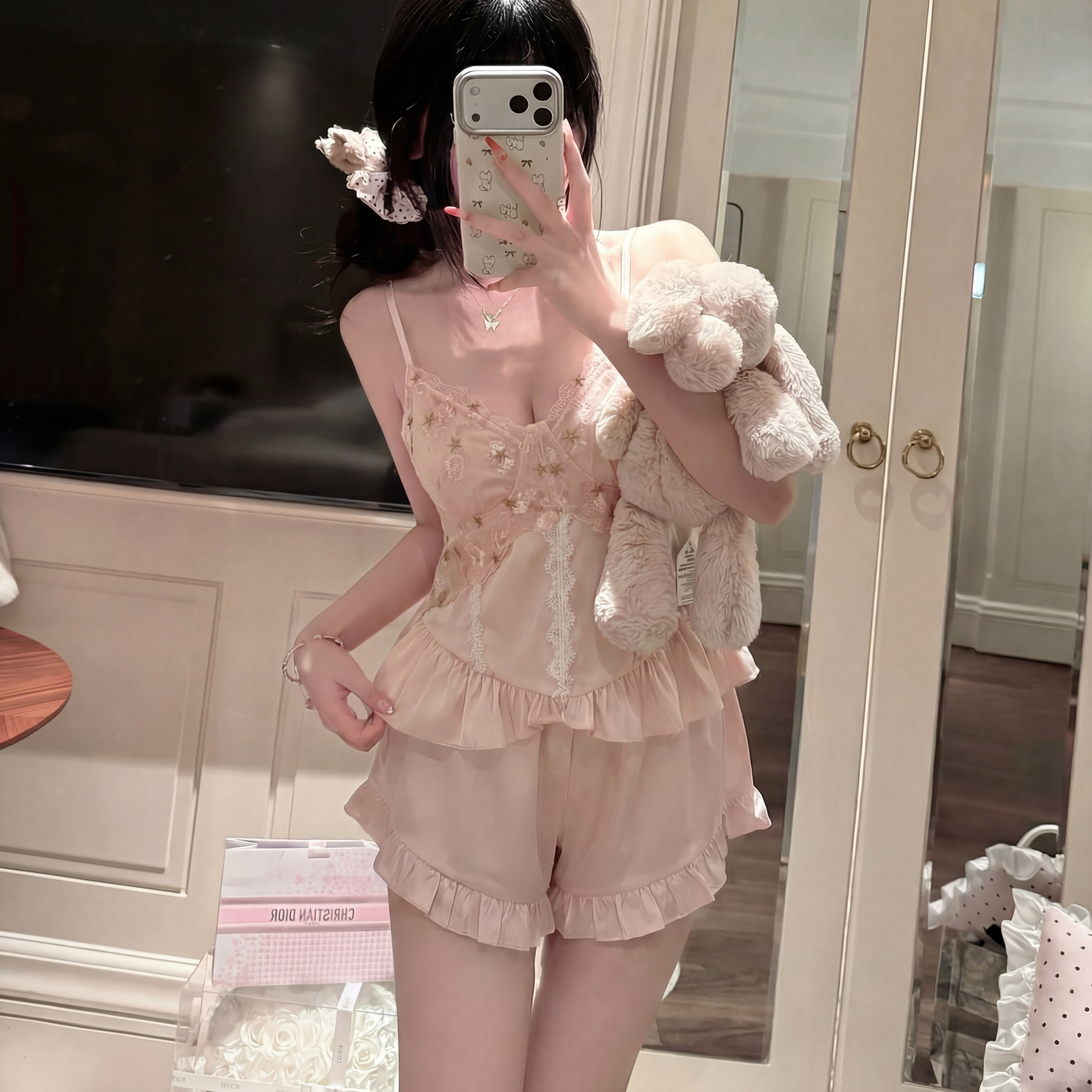 春夏季冰丝吊带短裤带胸垫睡衣