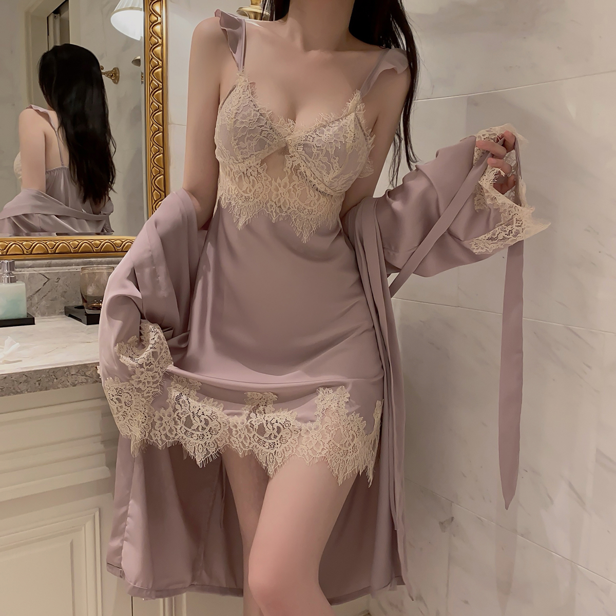 女性感冰丝蕾丝吊带裙长袖睡衣