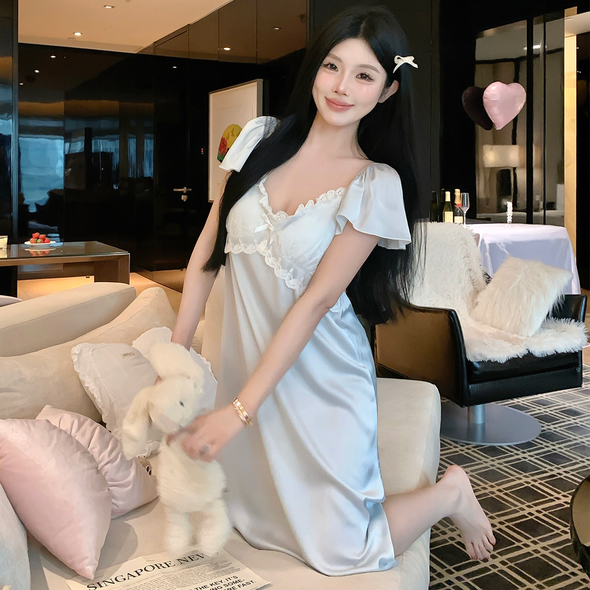 睡衣法式优雅甜美冰丝带胸垫
