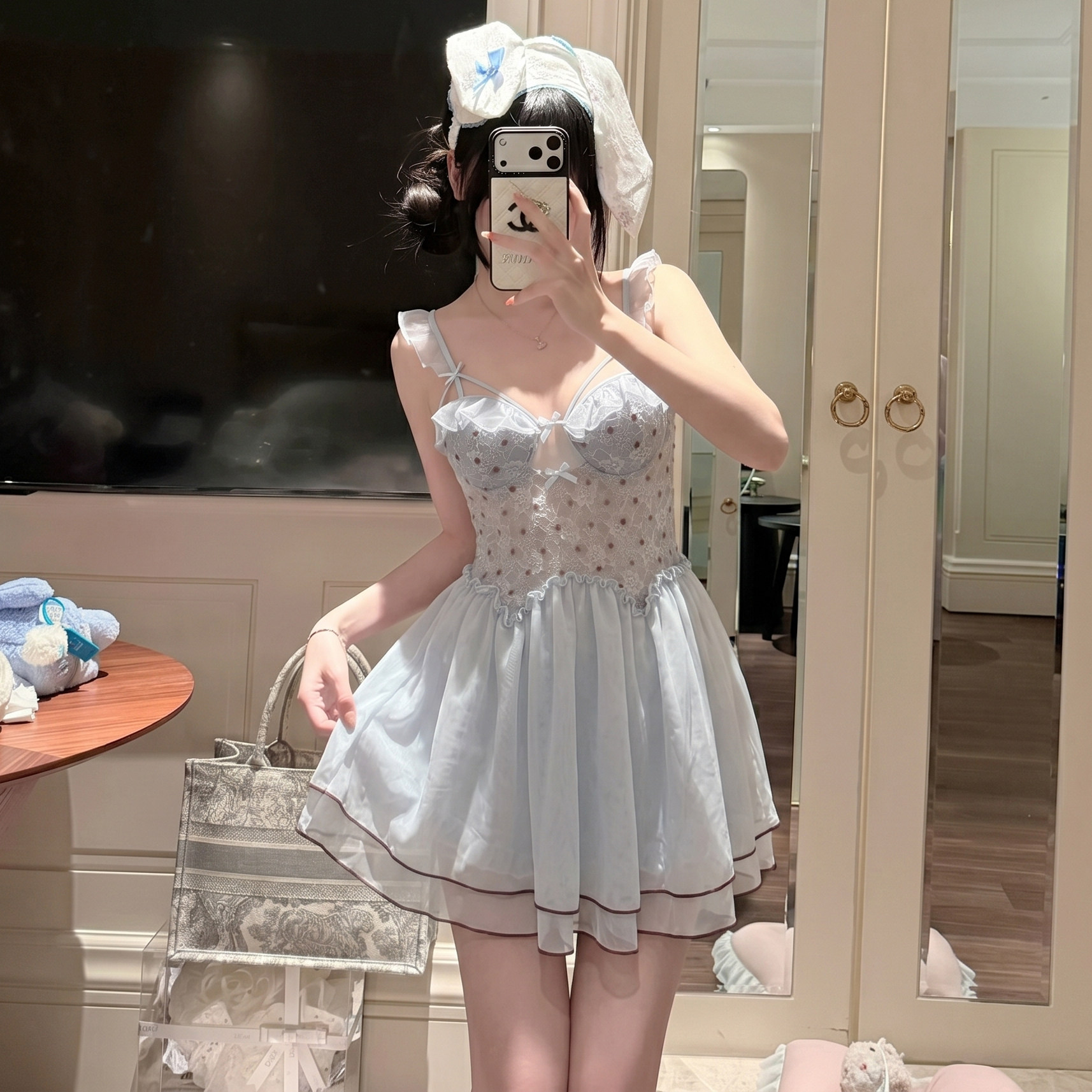 法式甜美蝴蝶结蕾丝吊带睡衣