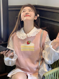 立体草莓粉色针织马甲背心女款春秋衬衫叠穿外搭短款毛衣马夹坎肩