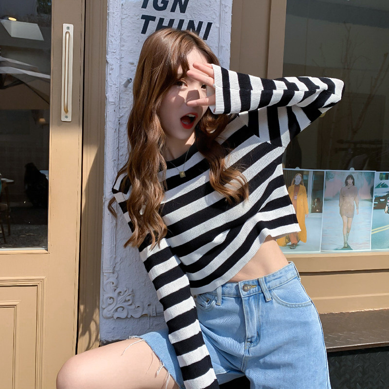 条纹海军领长袖T恤针织衫女假两件小众设计感泫雅风薄款早秋上衣