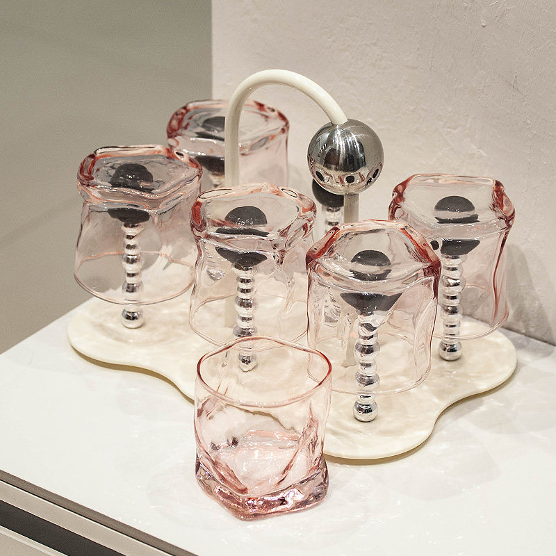 创意粉色高颜值扭扭杯玻璃杯水具家用客厅待客喝水杯子收纳套装,餐饮具,玻璃杯,淘宝优惠券,粉丝福利购,淘宝优惠卷