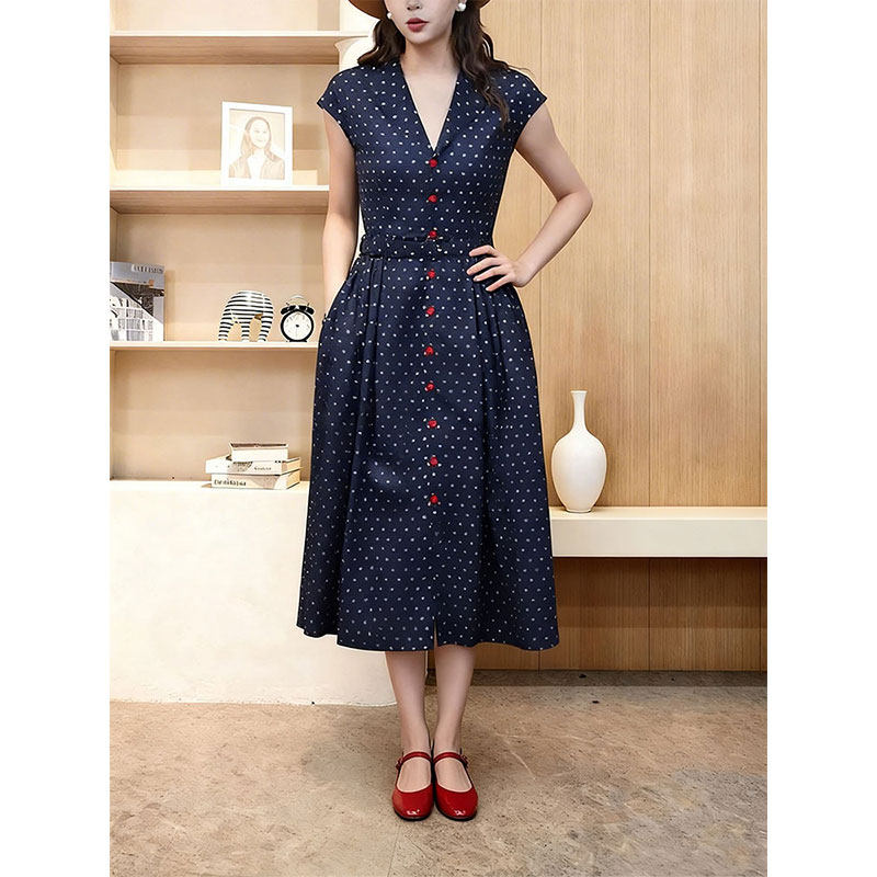 法式赫本风V领收腰显瘦连衣裙女2026新款气质优雅时尚波点中长裙