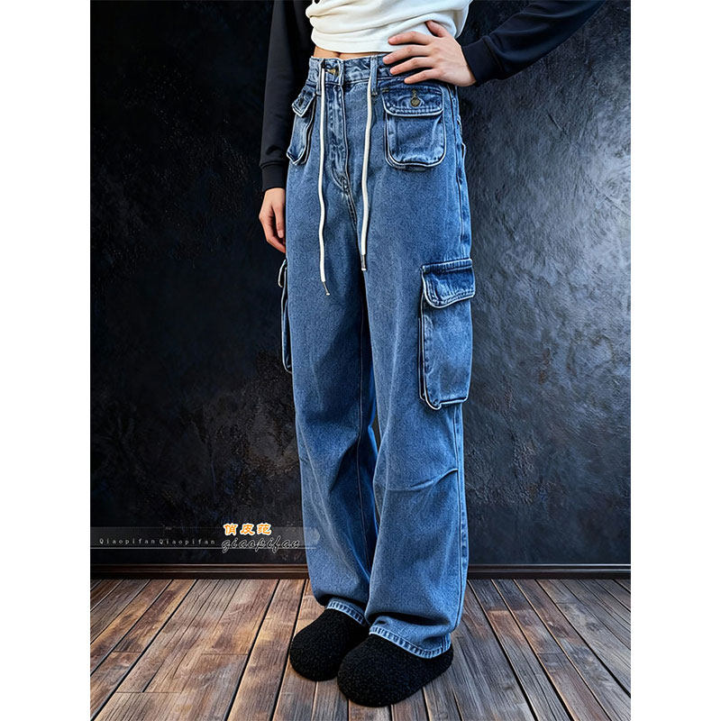 设计感工装风多口袋抽绳阔腿牛仔裤女2026早春宽松显瘦百搭直筒裤,女装/女士精品,休闲裤,淘宝优惠券,粉丝福利购,淘宝优惠卷