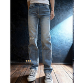 复古蓝色街头风破洞直筒牛仔裤 长裤 2026新款 百搭显瘦做旧水洗窄版