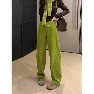 宽松百搭显瘦垂感休闲裤 新款 女2026春季 绿色高腰灯芯绒阔腿弯刀裤