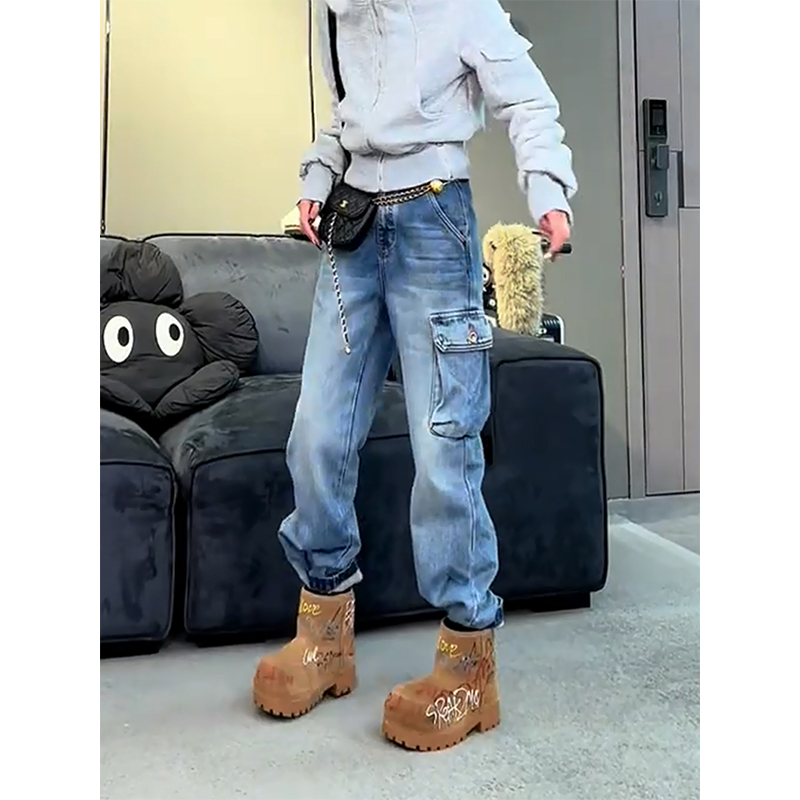 加绒立体工装口袋牛仔裤复古时尚