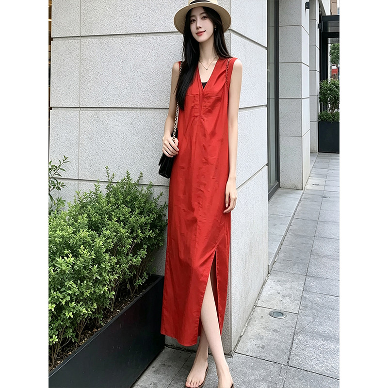 高端大气上档次V领无袖连衣裙女图片