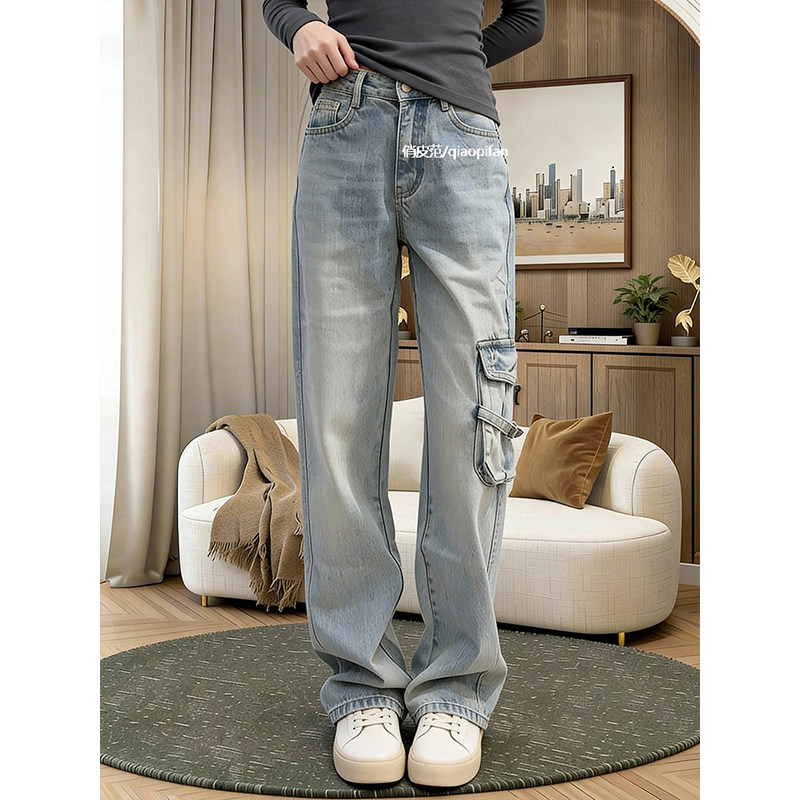 美式工装风多口袋水洗牛仔裤女