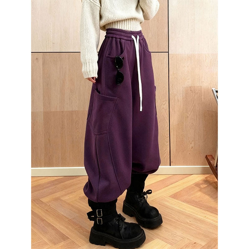 加绒加厚2025秋冬紫色阔腿休闲裤女宽松显瘦多口袋松紧腰束脚裤,女装/女士精品,休闲裤,淘宝优惠券,粉丝福利购,淘宝优惠卷